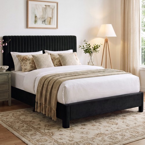 Velvet upholstered bed - bed, frame