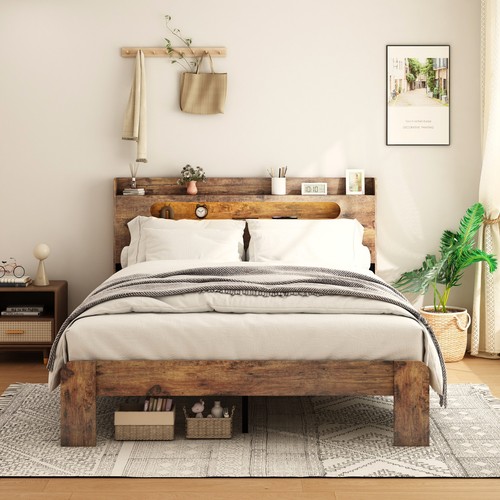 Wood platform bed led light - bed,